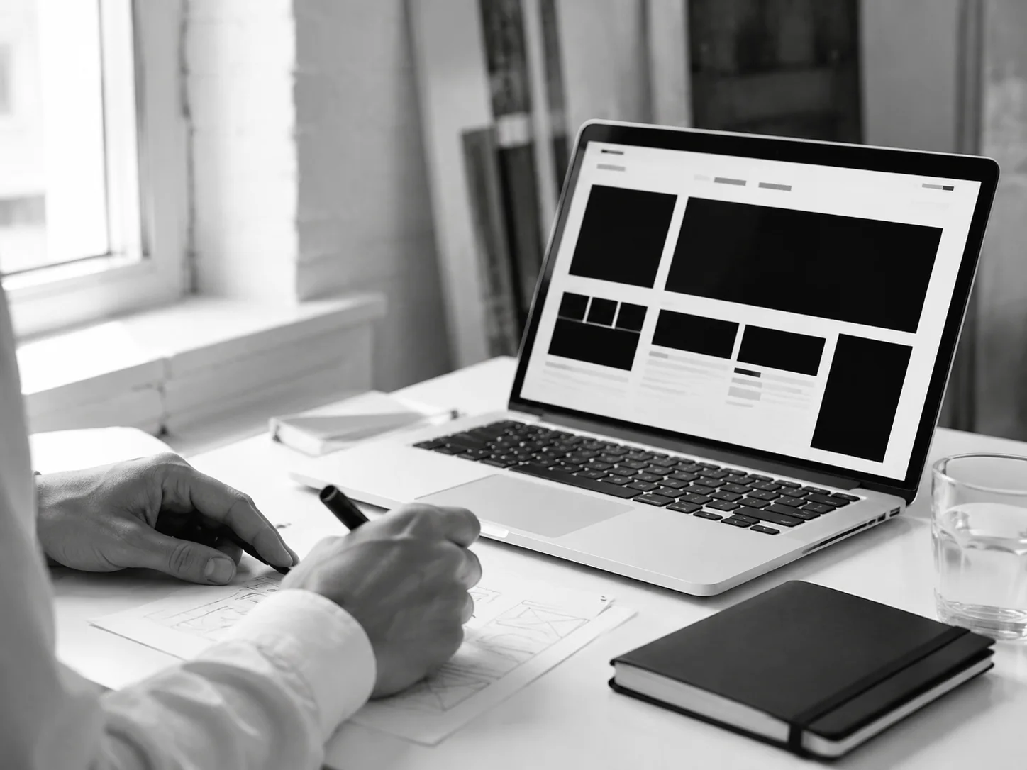 Website strategy work with a laptop and hand-drawn page plans
